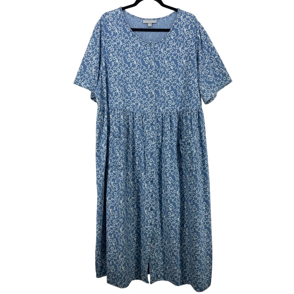 Woman Within Size 22W Jumper Dress Blue Floral Cotton Button Front Pocket Women